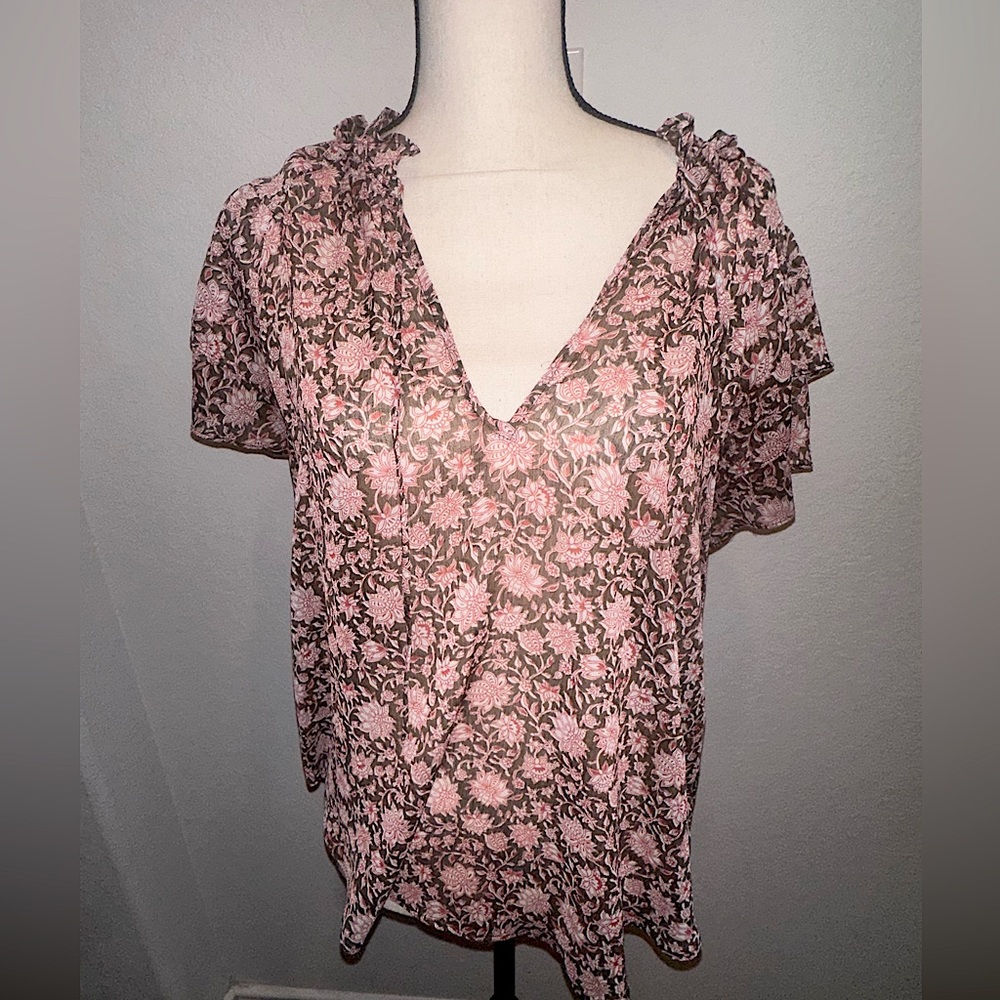 Anthropologie Black and Pink Floral Short Sleeve Top